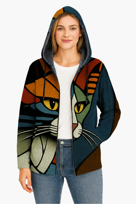 Women's Artistic Cat Face Streetwear Hoodie Jacket – Unique Graphic Fashion for Everyday Style
