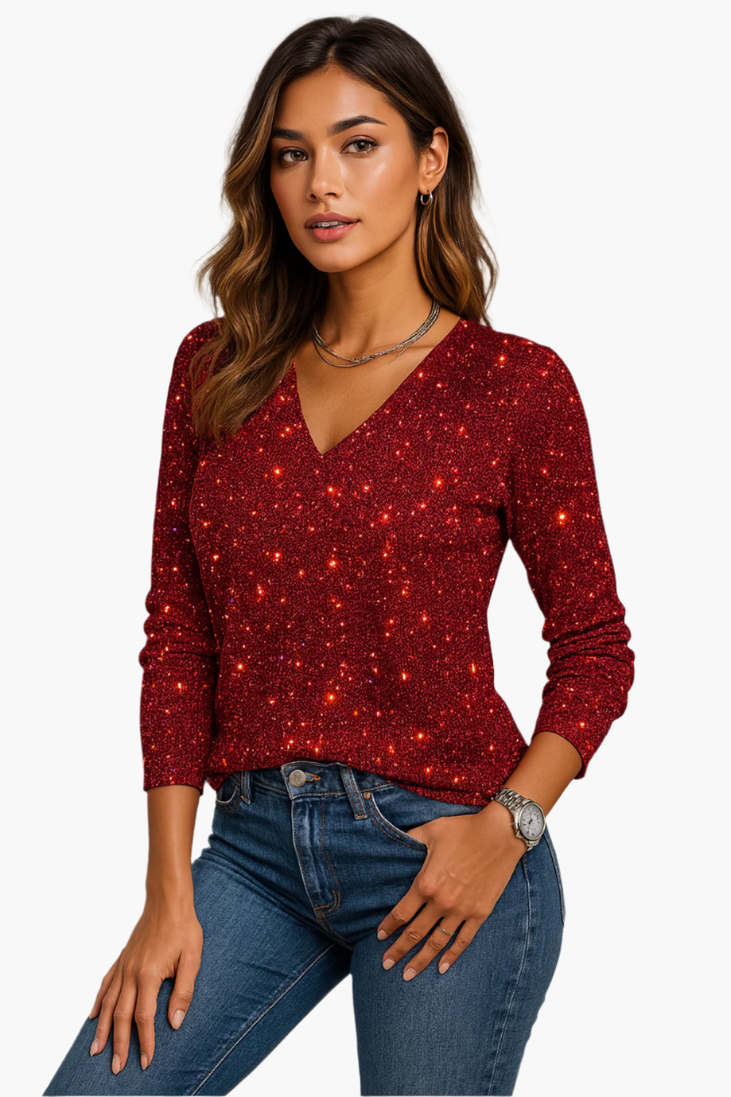 Women's Sparkling V-Neck Party Sweater – Stylish Glitter Pullover for Celebrations and Everyday Glam