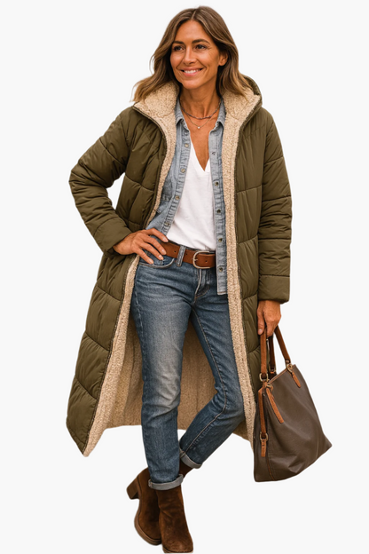 Women's Long Winter Puffer Coat with Hood and Cozy Lining – Stylish Warm Outerwear for Cold Weather