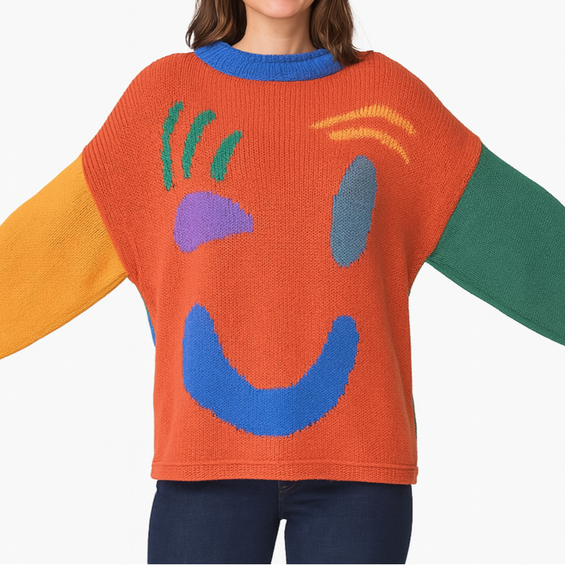 Women's Playful Abstract Face Knit Sweater - Feel-Good Statement Casual Pullover