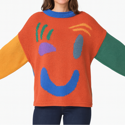 Women's Playful Abstract Face Knit Sweater - Feel-Good Statement Casual Pullover