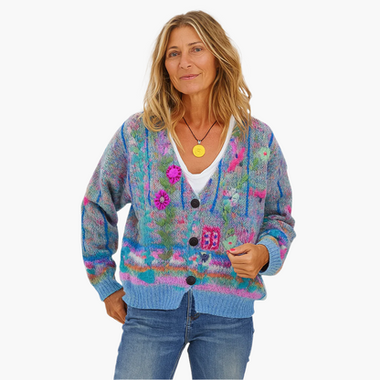 Women's Boho Artistic Floral Knit Cardigan Sweater - Cozy Loose Fit Statement Layer
