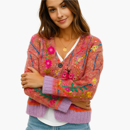 Women's Boho Artistic Floral Knit Cardigan Sweater - Cozy Loose Fit Statement Layer