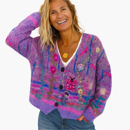 Women's Boho Artistic Floral Knit Cardigan Sweater - Cozy Loose Fit Statement Layer
