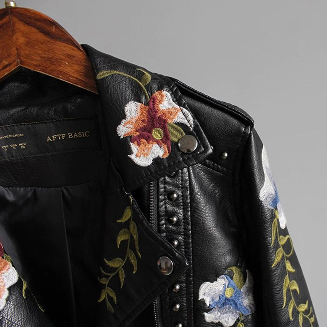 Women's Floral Embroidered Biker Jacket - Fashion Statement for Everyday and Special Occasions