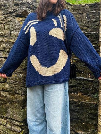Women's Playful Abstract Face Knit Sweater - Feel-Good Statement Casual Pullover