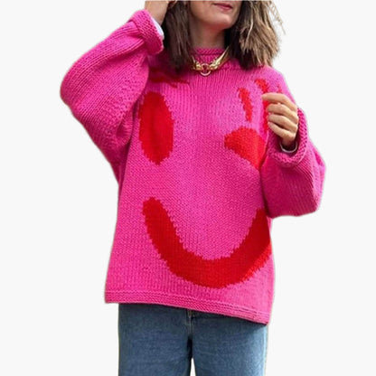 Women's Playful Abstract Face Knit Sweater - Feel-Good Statement Casual Pullover