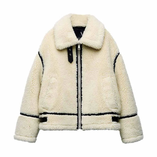 Women's Winter Biker Style Plush Jacket – Trendy Warm Casual Outerwear