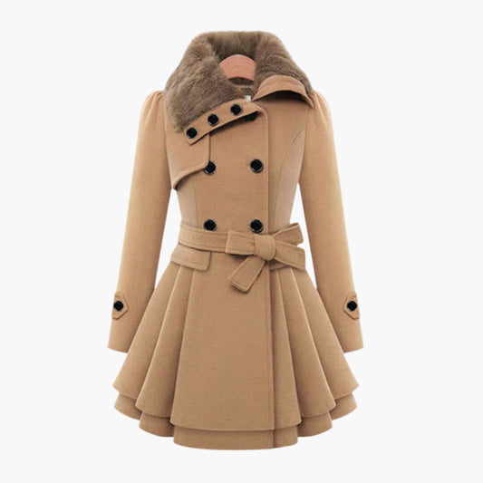 Women's Elegant Winter Coat with Faux Fur Collar, Double-Breasted, Belted, Flared Hem – Fashionable Outerwear for Cold Weather