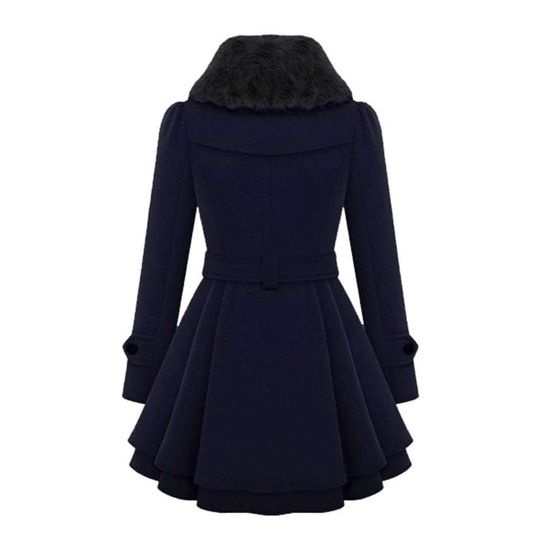 Women's Elegant Winter Coat with Faux Fur Collar, Double-Breasted, Belted, Flared Hem – Fashionable Outerwear for Cold Weather