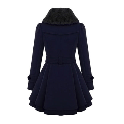 Women's Elegant Winter Coat with Faux Fur Collar, Double-Breasted, Belted, Flared Hem – Fashionable Outerwear for Cold Weather