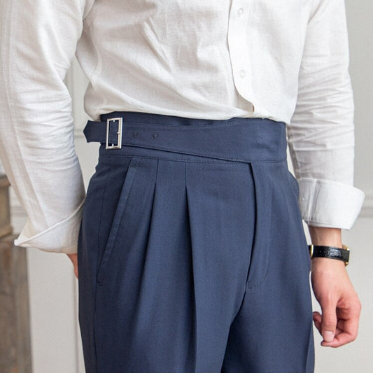 Men's High-Waisted Pleated Formal Trousers with Adjustable Side Buckle - Tailored Business and Occasion Pants