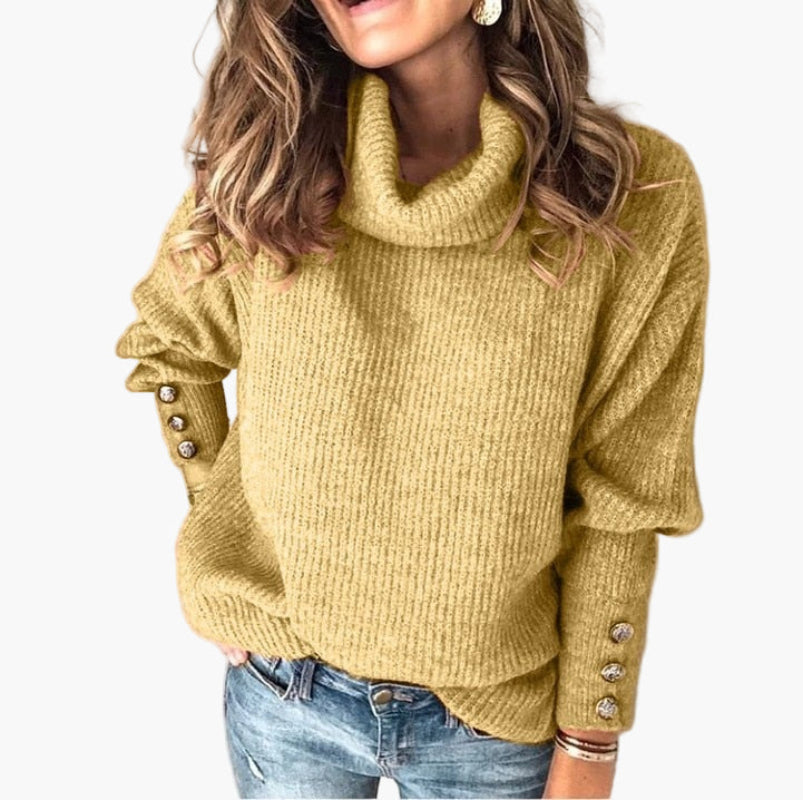 Women's Turtleneck Sweater with Button Sleeve Detail – Relaxed Fit, Casual Chic