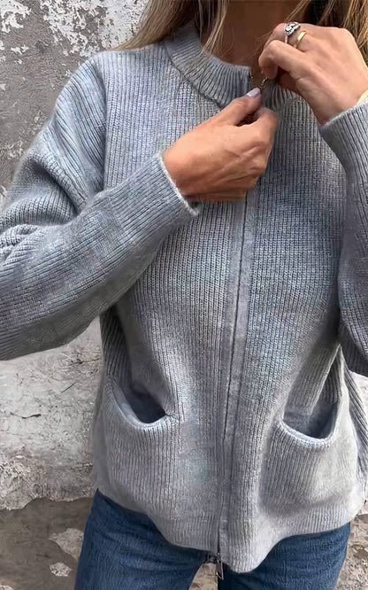 Women's Elegant Zip-Up Cardigan Sweater for Everyday and Office Wear