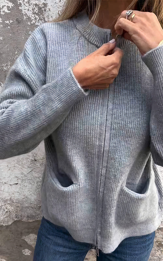 Women's Elegant Zip-Up Cardigan Sweater for Everyday and Office Wear