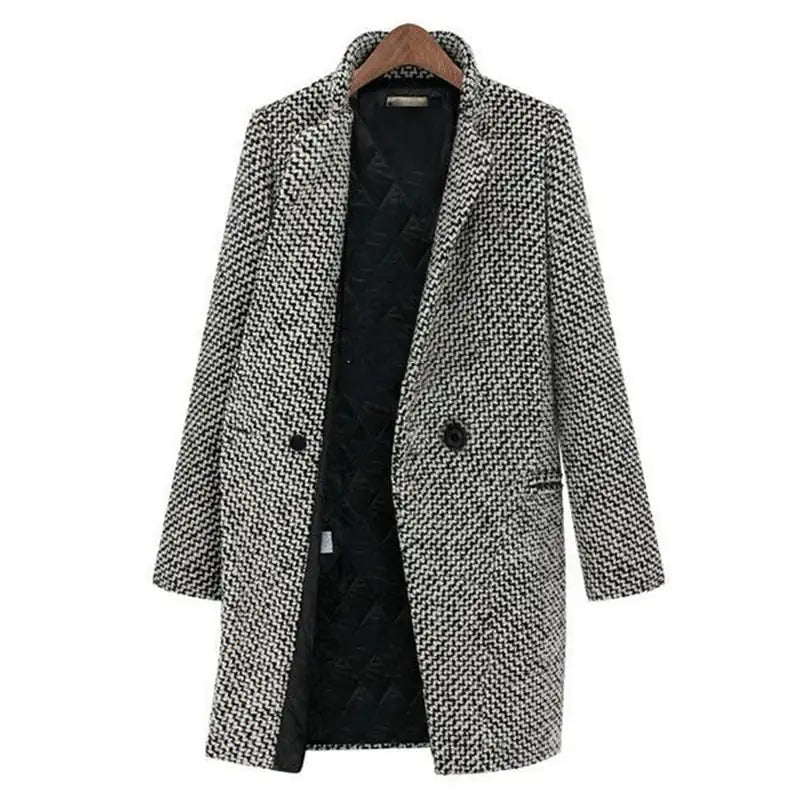 Women's Classic Houndstooth Blazer Coat – Elegant Longline Jacket for Office & Everyday Style