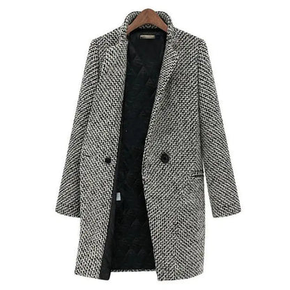 Women's Classic Houndstooth Blazer Coat – Elegant Longline Jacket for Office & Everyday Style