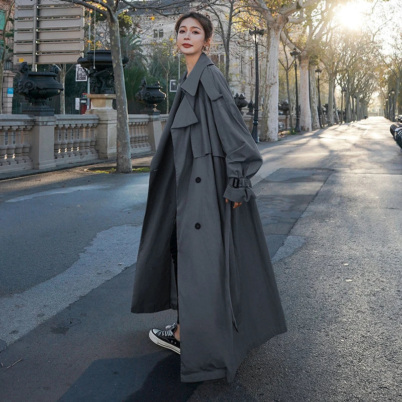 Women's Oversized Long Trench Coat Double-Breasted Urban Style