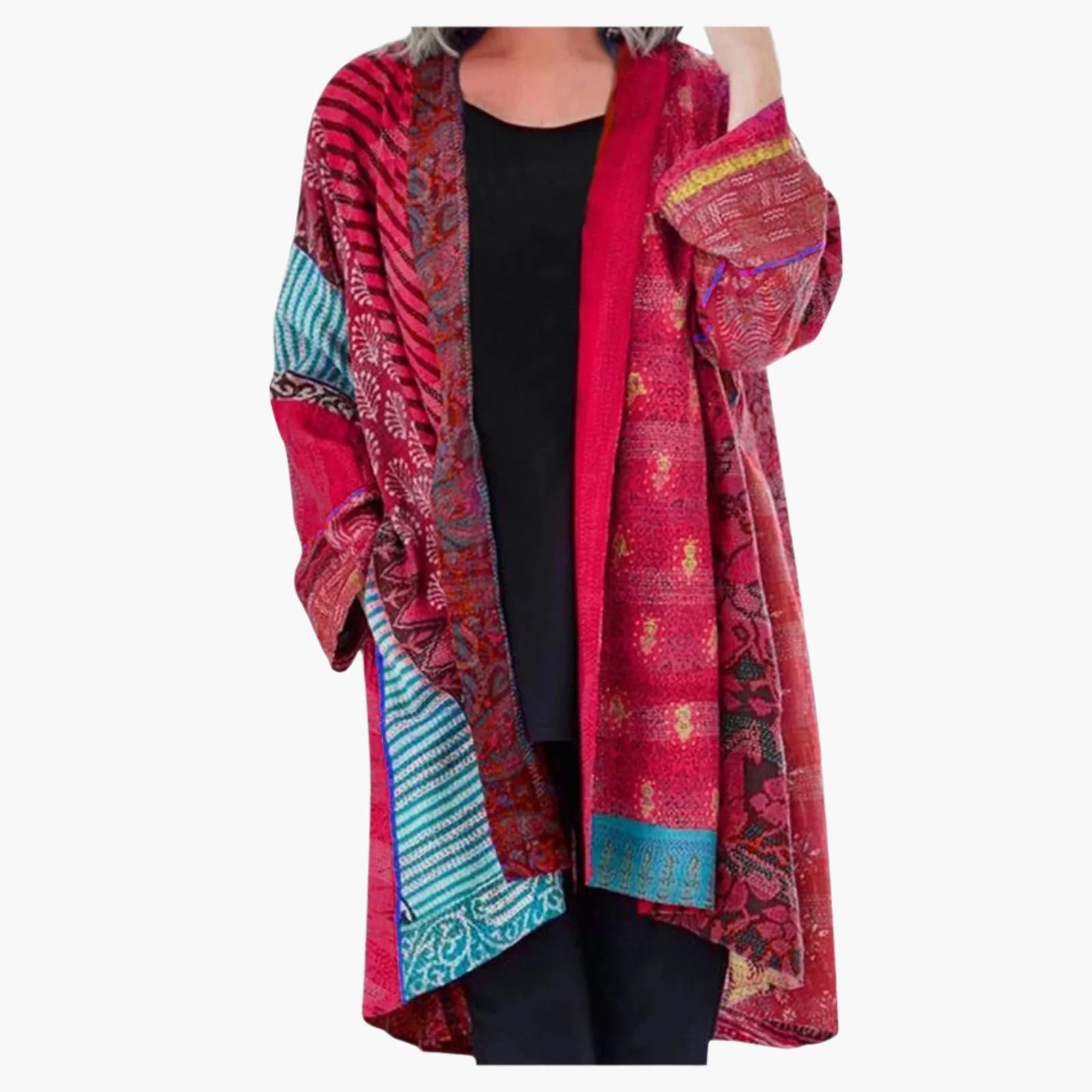 Women's Vintage Boho Kimono Cardigan – Loose Fit Patchwork Open Front Jacket