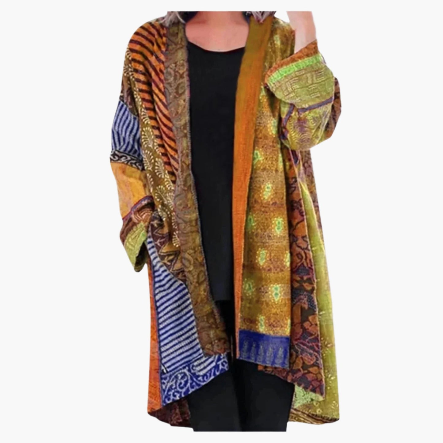Women's Vintage Boho Kimono Cardigan – Loose Fit Patchwork Open Front Jacket