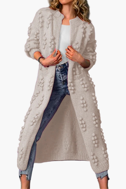 Women's Long Open Front Boho Cardigan with 3D Knit Pattern and Pockets – Casual Chic Layer for Everyday and Office