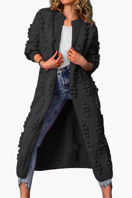 Women's Long Open Front Boho Cardigan with 3D Knit Pattern and Pockets – Casual Chic Layer for Everyday and Office