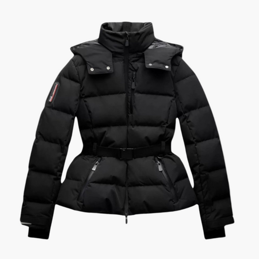 Women's Belted Puffer Jacket with Removable Shoulder Flap – Stylish Winter Outerwear