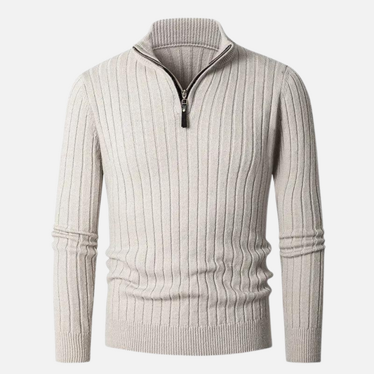Men's Ribbed Knit Quarter-Zip Pullover Sweater with Stand Collar – Classic Versatile Style for Everyday and Office Wear