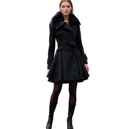 Women's Elegant Winter Coat with Faux Fur Collar, Double-Breasted, Belted, Flared Hem – Fashionable Outerwear for Cold Weather