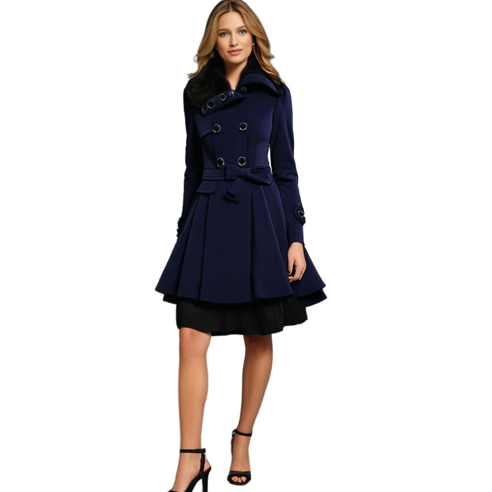 Women's Elegant Winter Coat with Faux Fur Collar, Double-Breasted, Belted, Flared Hem – Fashionable Outerwear for Cold Weather