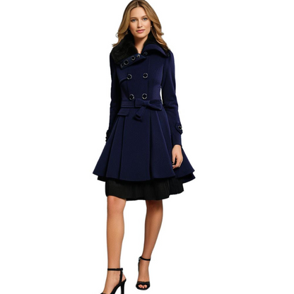 Women's Elegant Winter Coat with Faux Fur Collar, Double-Breasted, Belted, Flared Hem – Fashionable Outerwear for Cold Weather