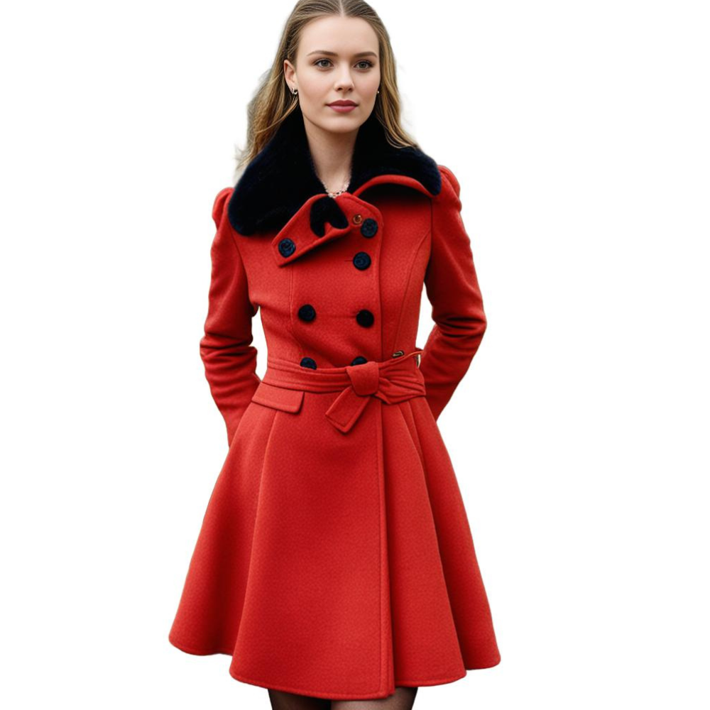 Women's Elegant Winter Coat with Faux Fur Collar, Double-Breasted, Belted, Flared Hem – Fashionable Outerwear for Cold Weather