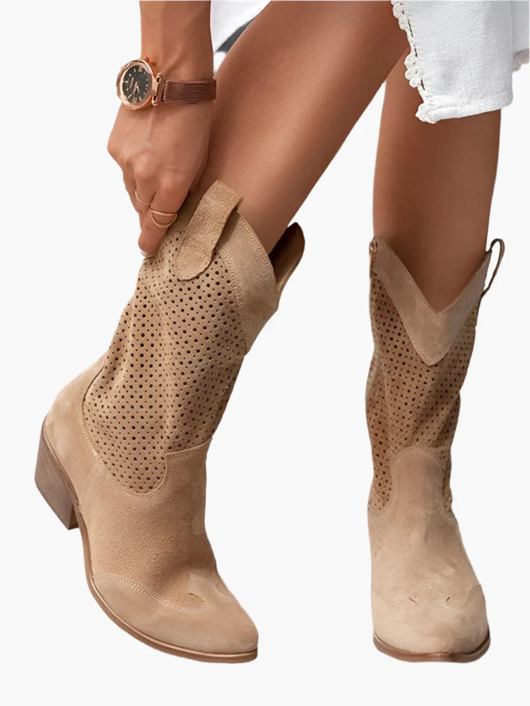 Women's Western Cowboy Boots with Zipper – Fashionable Perforated Style for Everyday and Festival