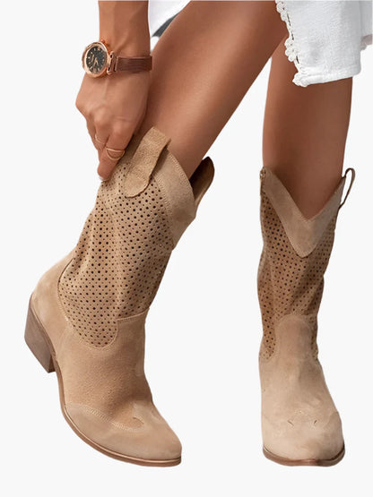 Women's Western Cowboy Boots with Zipper – Fashionable Perforated Style for Everyday and Festival