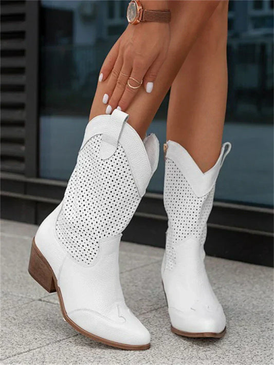 Women's Western Cowboy Boots with Zipper – Fashionable Perforated Style for Everyday and Festival