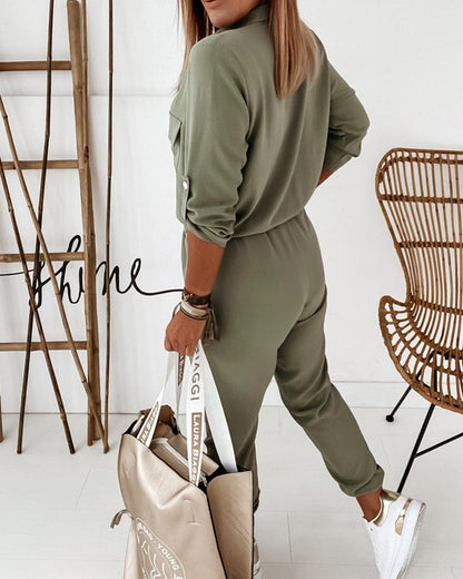 Women's Utility Jumpsuit with Pockets and Elastic Waist - Modern Casual Style