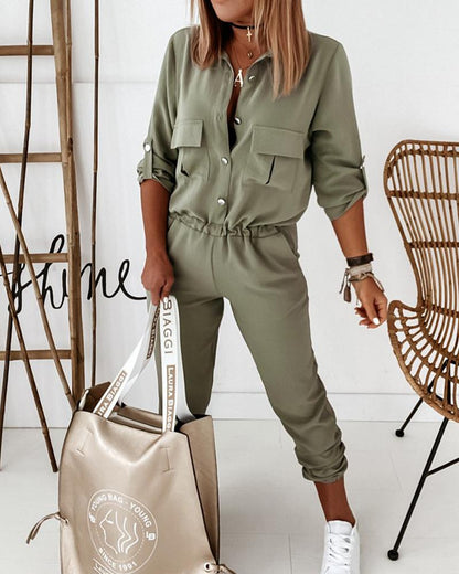 Women's Utility Jumpsuit with Pockets and Elastic Waist - Modern Casual Style