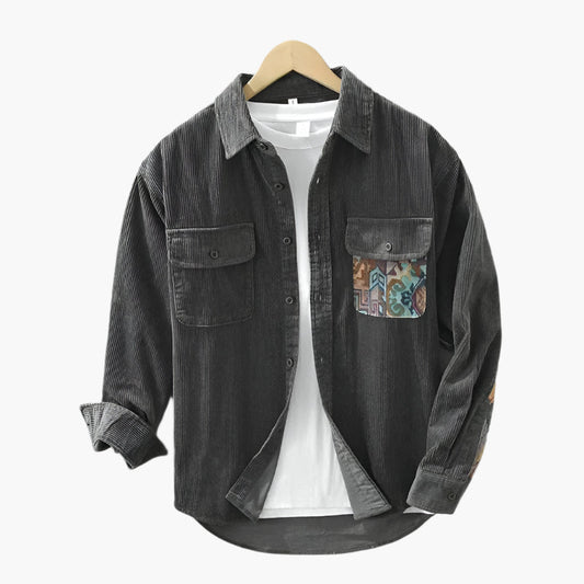 Men's Vintage Casual Overshirt with Patterned Chest Pocket – Urban Relaxed Fit