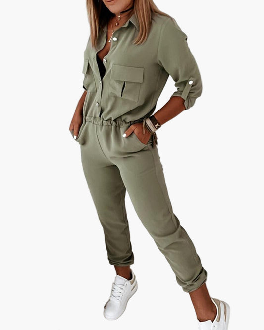 Women's Utility Jumpsuit with Pockets and Elastic Waist - Modern Casual Style