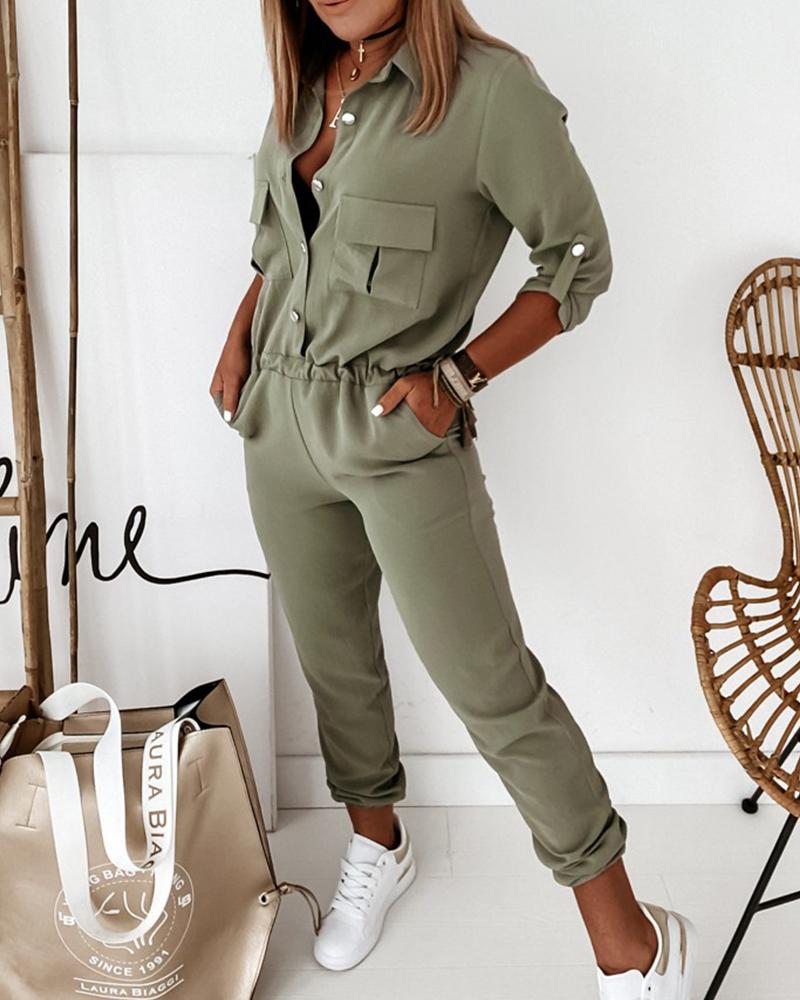 Women's Utility Jumpsuit with Pockets and Elastic Waist - Modern Casual Style