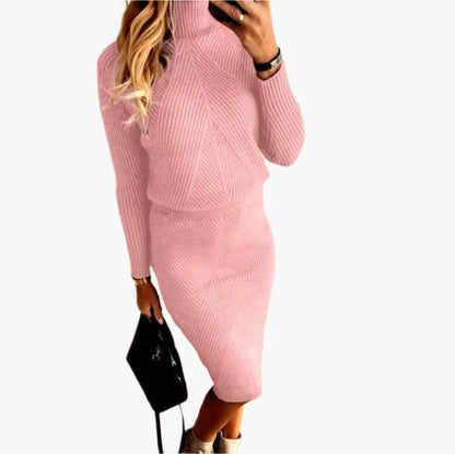 Women's Elegant Knit Sweater Two-Piece Set – Turtleneck Top and Slim Skirt – Stylish Fall Winter Outfit