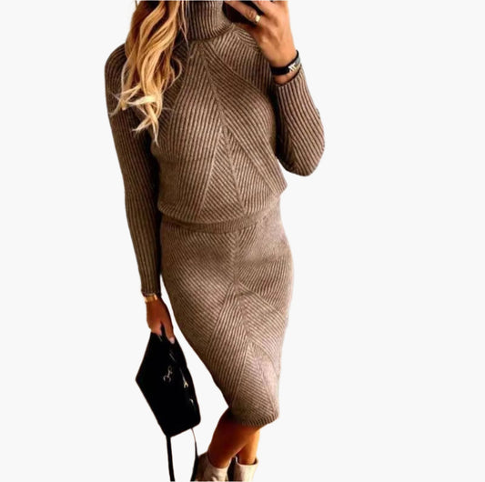 Women's Elegant Knit Sweater Two-Piece Set – Turtleneck Top and Slim Skirt – Stylish Fall Winter Outfit