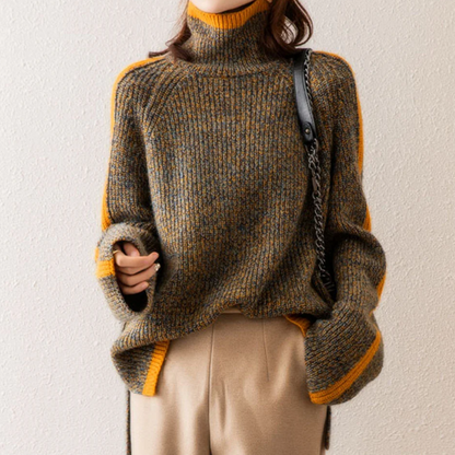 Women's Trendy Turtleneck Knit Sweater with Statement Stripes – Relaxed Fit, Fashionable Winter Pullover