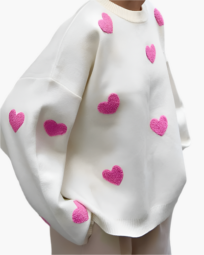 Women's Oversized Heart Pattern Lounge Sweater – Cozy Relaxed Fit Casual Pullover