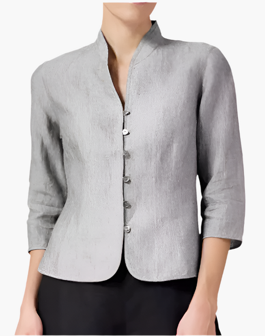 Women's Modern Mandarin Collar Blazer – Elegant 3/4 Sleeve Fitted Jacket for Business and Special Occasions