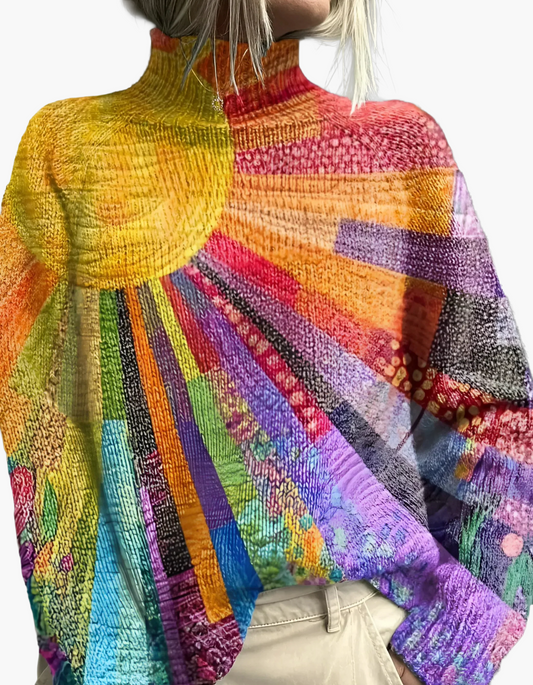 Women's Artistic Patchwork Rainbow Turtleneck Sweater - Statement Knit Pullover for Creative Style