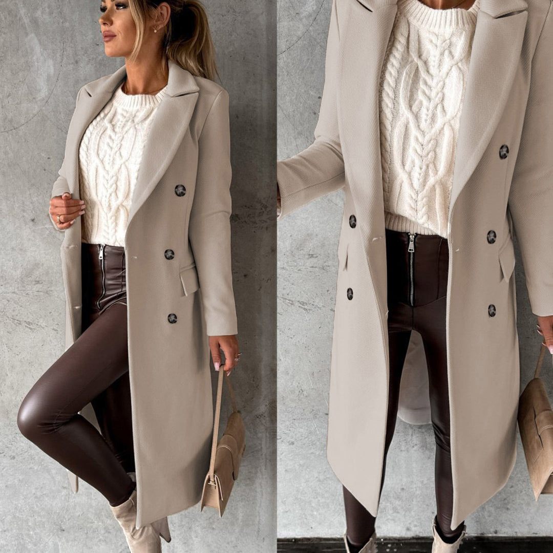 Women's Elegant Double-Breasted Winter Coat – Classic Long Tailored Overcoat for Office & Everyday Style