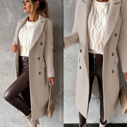 Women's Elegant Double-Breasted Winter Coat – Classic Long Tailored Overcoat for Office & Everyday Style