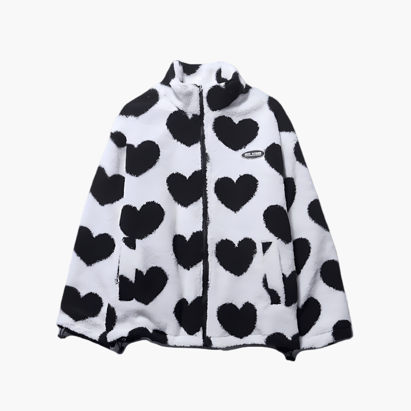 Women's Reversible Fleece Jacket with Heart Pattern – Stylish Casual Outerwear
