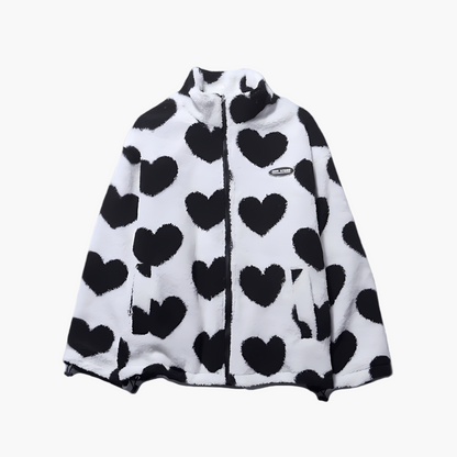 Women's Reversible Fleece Jacket with Heart Pattern – Stylish Casual Outerwear